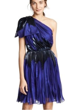 Maria Lucia Hohan One Shoulder 100%Silk Chiffon Cocktail mini Dress Blue  Size 8